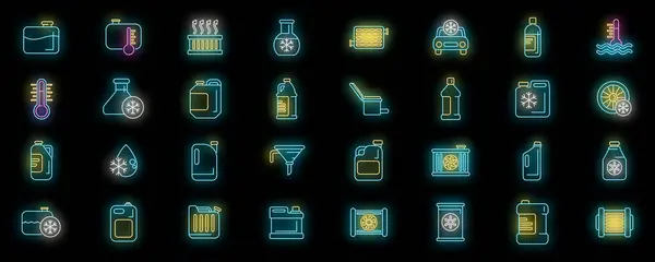 stock vector Glowing neon icons of antifreeze liquid and car cooling system on black background