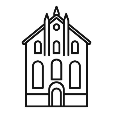 Kemerli bir girişi ve dini mimari tasarımı için kule çatısı olan küçük bir kilise binasının basit bir çizgisi çizimi.