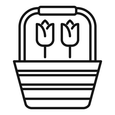 İçinde baharı ve bahçıvanlığı temsil eden iki lale büyüyen bir sepetin minimalist simgesi.