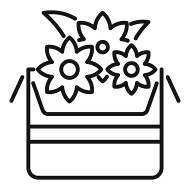 Basit, modern çizgi simgesi karton bir kutunun içinden büyüyen bir buket çiçeği tasvir ediyor.