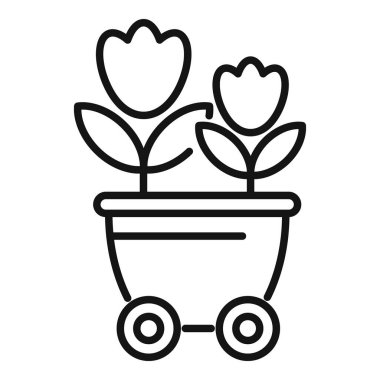 Tekerlekli bir saksı çiçeğin basit siyah beyaz vektör simgesi