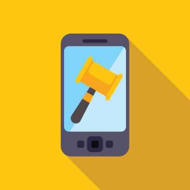 Smartphone, çevrimiçi açık artırmaları, hukuki hizmetleri veya mobil adaleti temsil eden hakimlere tokmağı gösteriyor
