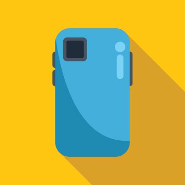 Modern mavi akıllı telefon sarı arka planda uzun bir gölgeyle duruyor.