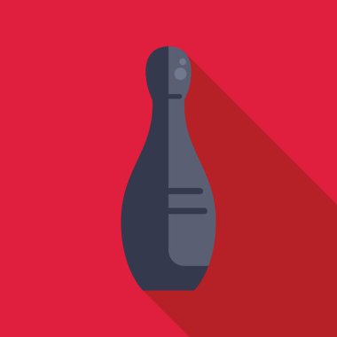 Kırmızı arka planda uzun gölgesi olan tek bir bovling rozeti. Bowling konseptini temsil etmek için mükemmel.