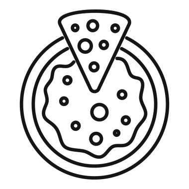 Tabakta servis edilen bir pizzanın çizgi sanat simgesi, yiyeceklerle ilgili tasarımlar için mükemmel.