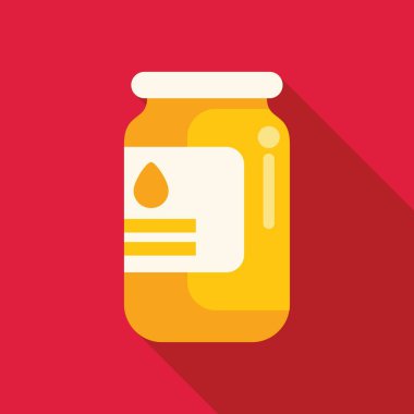 Sarı sıvı ve beyaz etiketli cam kavanoz kırmızı zemin üzerinde duruyor, yiyecek veya içecek ürün ambalajlama için uygun