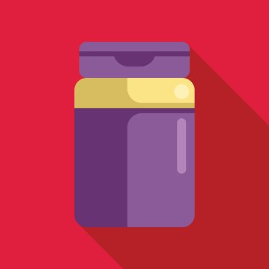 Sarı kapaklı mor plastik kavanoz, kırmızı arka planda gölge bırakıyor.