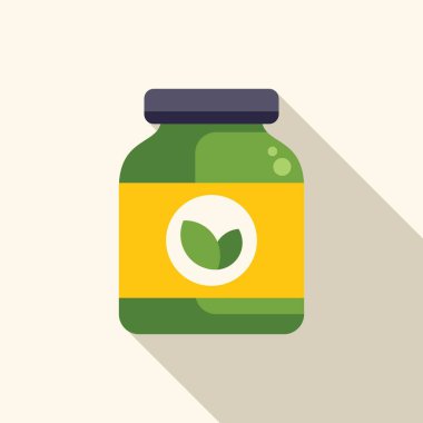 Doğal malzemeler için yapraklı organik ürün içeren yeşil kavanoz, uzun gölge tasarımı.