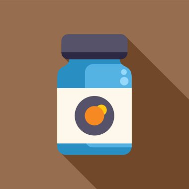 Üzerinde boş etiket olan mavi ilaç şişesi kahverengi bir arka planda duruyor.