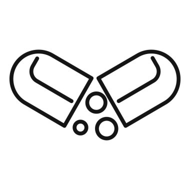 Açık kapsülün minimalist çizgi sanat simgesi ilaç salınımı, tedaviyi ve sağlık hizmetini sembolize ediyor