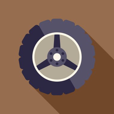 Renkli bir arka planda izole edilmiş, uzun bir gölgesi olan bir araba tekerleğinin düz tasarım simgesi