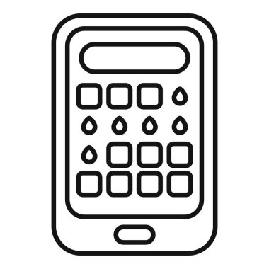 Hesap makinesi uygulaması açık olan basit, koyu, siyah ve beyaz bir akıllı telefonun simgesi, numaralar için düğmeler ve su damlaları su tüketimi takibi öneriyor