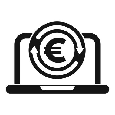 Bu vektör çizimi, çevrimiçi para transferleri ve mali işlemleri temsil eden avro sembollü bir dizüstü bilgisayar tasvir ediyor