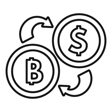 Bitcoin kripto para birimi, uygulamalar ve web siteleri için basit siyah beyaz taslak simgesi olan dolar para birimiyle değiş tokuş ediyor