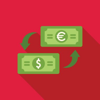 Dolar ve avro işaretli yeşil banknotlar yüzen döviz kurunu gösteren yukarı ve aşağı oklarla değiş tokuş