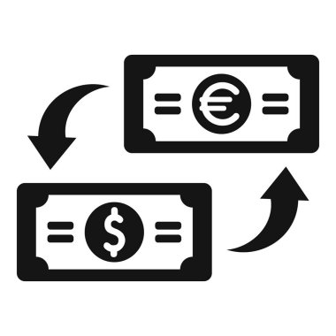 Para değişimi kavramını temsil eden basit bir vektör simgesi ve bir dolar banknot bir avro banknotuna dönüşüyor