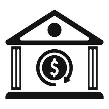 Bir dolar bozuk para ve dairesel oklu bir banka binasının siyah beyaz simgesi.