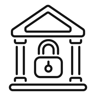 Kilitli bir banka binasının finansal güvenlik ve korumayı temsil eden basit bir çizgisi sanat simgesi