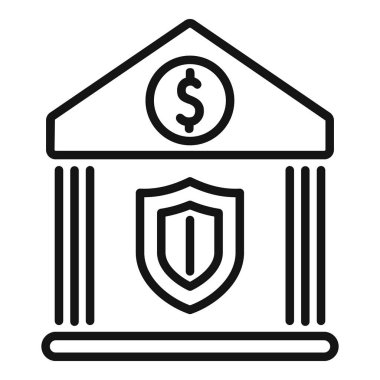 Simple line art icon of a bank building facade with a prominent shield, symbolizing financial security and protection clipart