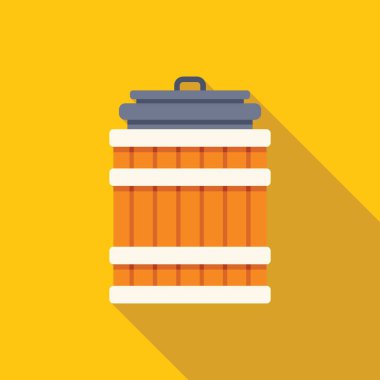 Wooden barrel with a metal lid is depicted on a yellow background, evoking concepts of storage, fermentation, and traditional craftsmanship clipart