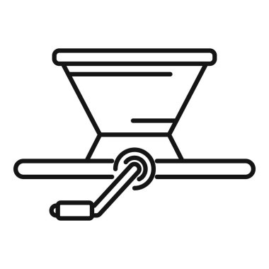 Bahçeye tohum ekme kolu olan elle tohumlama makinesi, tarımsal ekipman ikonu ana hatları