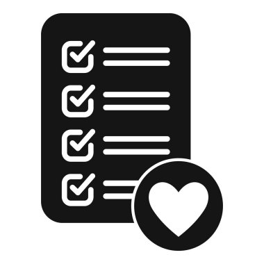 Tamamlanmış bir listenin siyah ve beyaz simgesi, aşk ve ilişki hedeflerinin gerçekleştirilmesini temsil eden bir kalp sembolü.