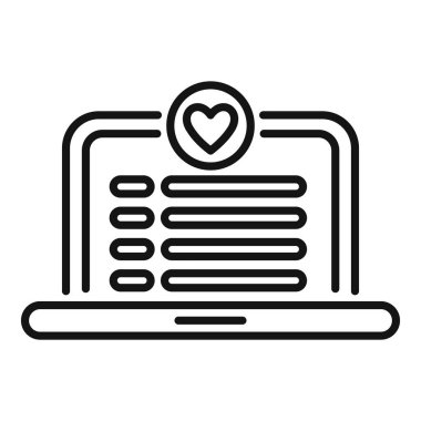 İnternette aşkı bulmayı temsil eden kalp sembollü bir randevu uygulamasını gösteren basit bir dizüstü bilgisayar simgesi