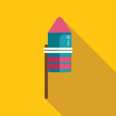 Renkli havai fişek roketi kutlamaya hazırlanmak için ahşap bir sopaya iple bağlanıyor.