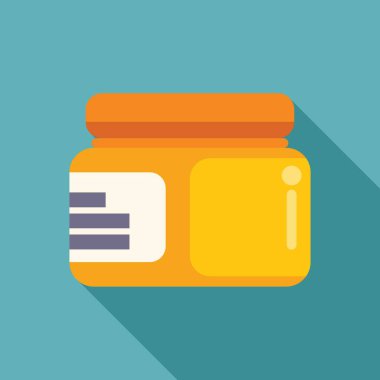 Sarı plastik ilaç şişesi üzerinde boş bir etiket duruyor. Mavi arka planda, gölgesi ile birlikte.