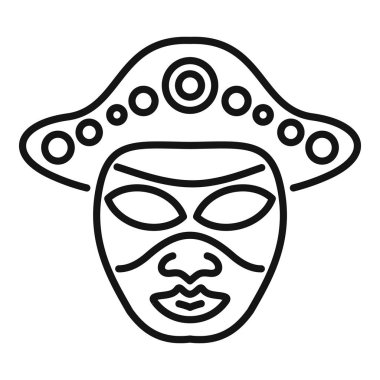 Karnaval sezonunu kutlayan, şapkalı bir Mardi Gras maskesinin çizgi sanat simgesi.
