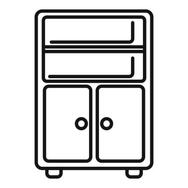 Rafları ve kapıları olan bir mutfak dolabının minimalist vektör grafiği, depolama ve düzenleme için mükemmel.