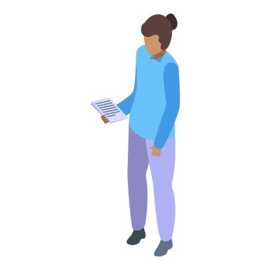 Beyaz arkaplanda izole edilmiş web tasarımı için ellerindeki izometrik simgeyi tutan ofis çalışanı kadın