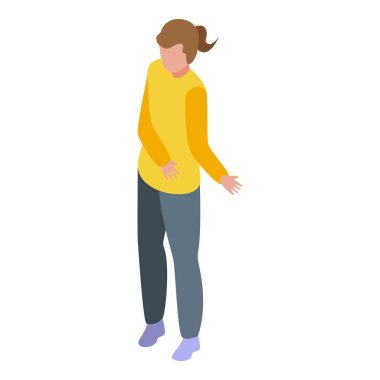 Genç bir kadın ayakta duruyor ve sanki bir şey açıklıyormuş gibi el kol hareketi yapıyor.