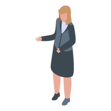 Beyaz arkaplanda el izometrik simgesiyle sunum yapan iş kadını