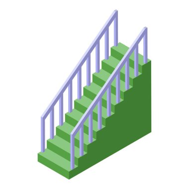 İzometrik görüntüde yukarı çıkan korkuluklu yeşil merdiven