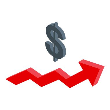 Büyük bir dolar işaretiyle yükselen kırmızı bir okun 3D çizimi, büyüyen bir ekonomi ve finansal başarıyı resmediyor.