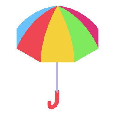 Neşeli, çok renkli şemsiyeler açık, sağanak yağmurdan korunuyor.