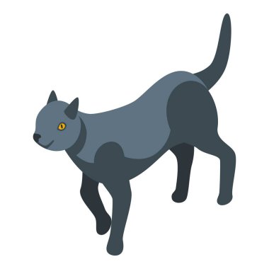 Beyaz arkaplanda izole edilmiş web tasarımı için kuyruktan yukarı izometrik simgeyle yürüyen gri kedi