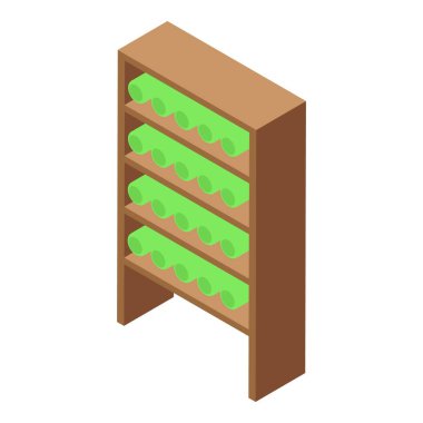 Bu izometrik ikon, yeşil şarap şişelerini depolayan ahşap bir şarap rafına sahip.