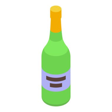 Boş etiketli yeşil bir şarap şişesinin Isometric çizimi, içecek markanızı veya marka tasarımlarınızı sergilemek için mükemmel.