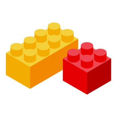 Beyaz arka planda iki renkli yapı taşı var. Çocuk gelişimi için plastik tuğlalar.