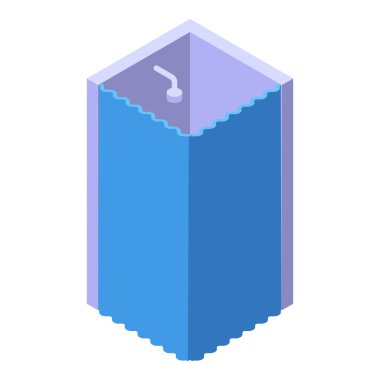 Mavi perde izometrik ikonu olan modern duş kabini, banyo iç konsepti