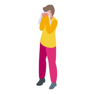 Genç adam hapşırıyor ve yüzüne mendil tutuyor, muhtemelen alerjisi var.