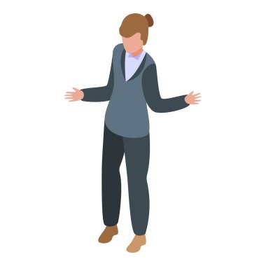 İş kadını ayakta duruyor ve sanki birine bir şey gösteriyormuş gibi el kol hareketi yapıyor.