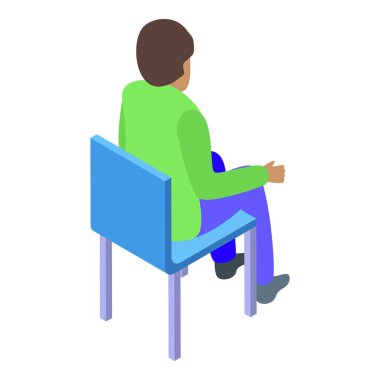 Genç adam bir sandalyede oturuyor, arkadan görülüyor, izometrik vektör tarzında.