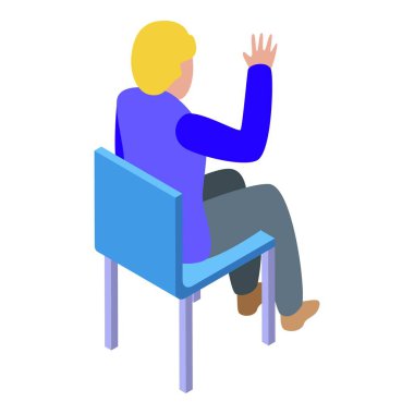 İş adamı bir sandalyede oturuyor ve soru sormak için elini kaldırıyor.