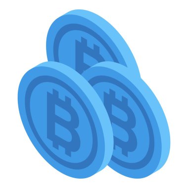 Üç mavi bitcoin madeni para birbirinin üzerine konmuş, kripto para kavramını gösteriyor.