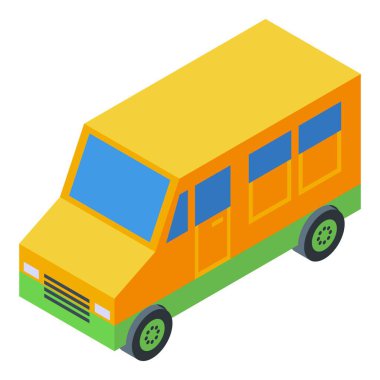 İzometrik görünümde hareketsiz duran turuncu yolcu minibüsü beyaz arkaplanda izole edildi