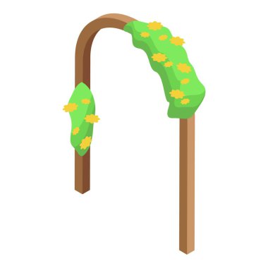 Ahşap düğün kemeri yeşil bitkiler ve sarı çiçeklerle dekore edilmiş.