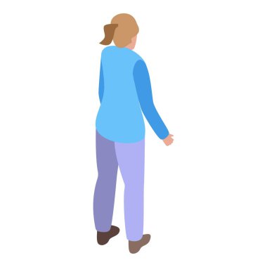 Kadın arkası bize dönük duruyor, mavi gömlek ve mor pantolon giyiyor.